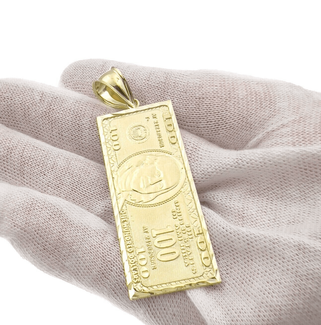 10k Yellow Gold Charm Pendant 100 Dollar Bill Mens REAL 10KT With FREE SHIPPING - GoldenLinQ
