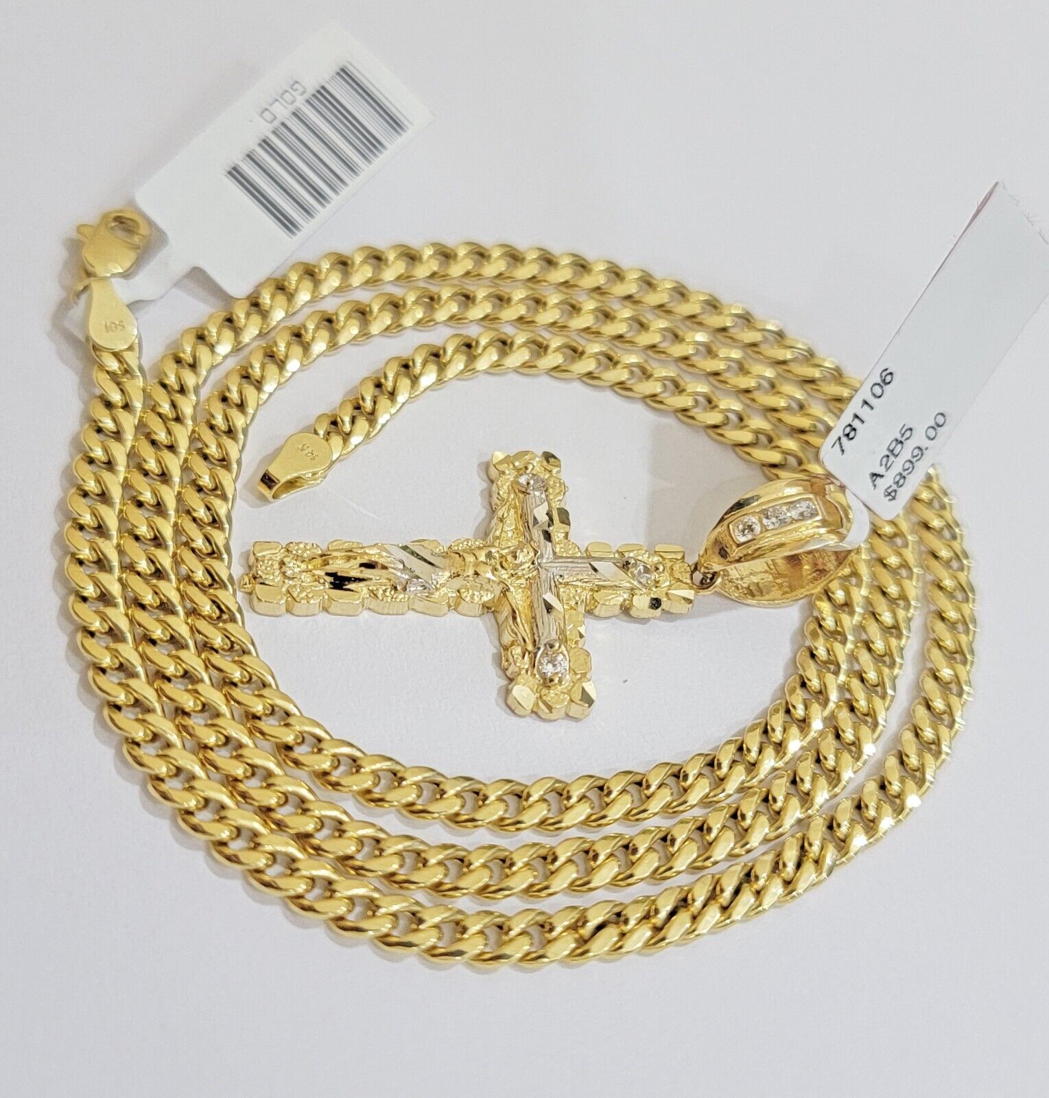 10k Yellow Gold Cross Charm Pendant 18 - 26" Miami Cuban Link Chain Necklace SET - GoldenlinQ