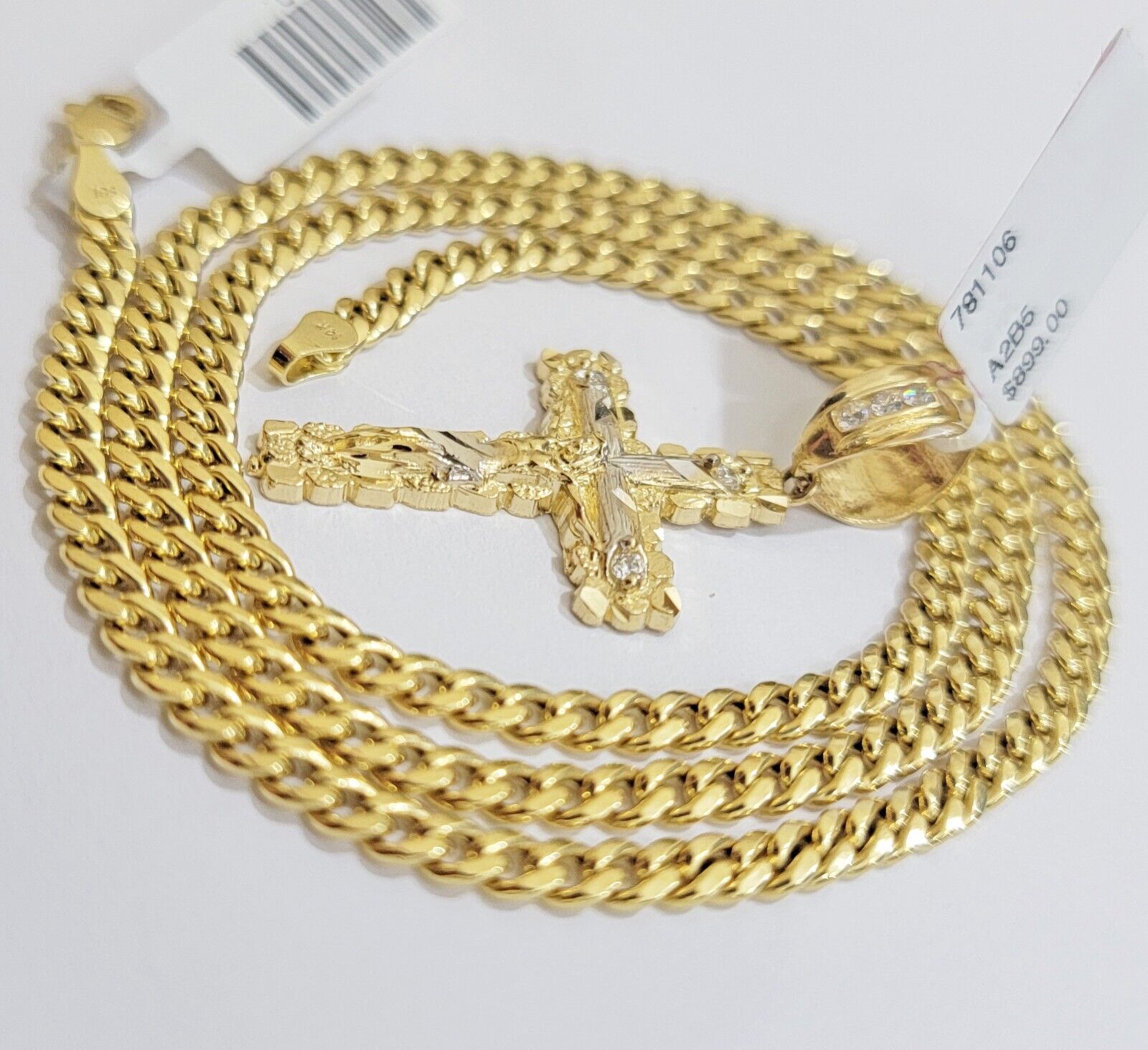 10k Yellow Gold Cross Charm Pendant 18 - 26" Miami Cuban Link Chain Necklace SET - GoldenlinQ