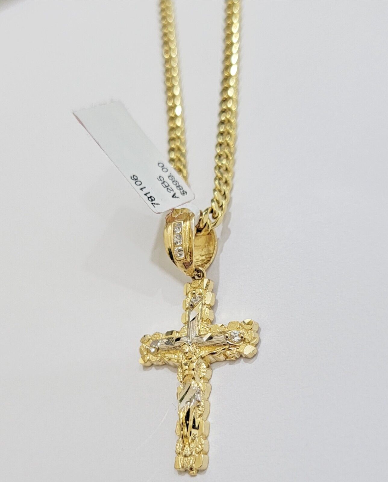 10k Yellow Gold Cross Charm Pendant 18 - 26" Miami Cuban Link Chain Necklace SET - GoldenlinQ