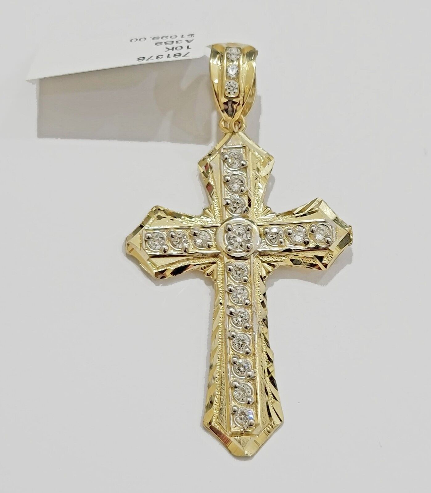 10k Yellow Gold Cross Charm pendant 2" Inch With Cubic Zirconia For Sale - GoldenLinQ