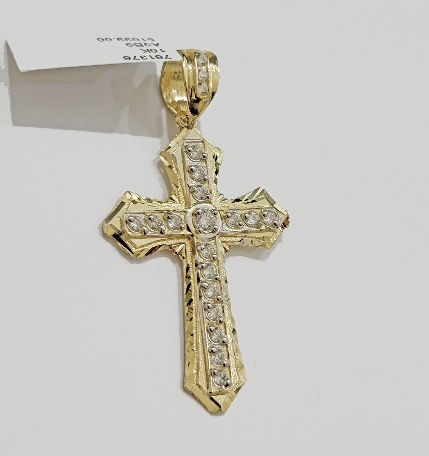 10k Yellow Gold Cross Charm pendant 2" Inch With Cubic Zirconia For Sale - GoldenLinQ