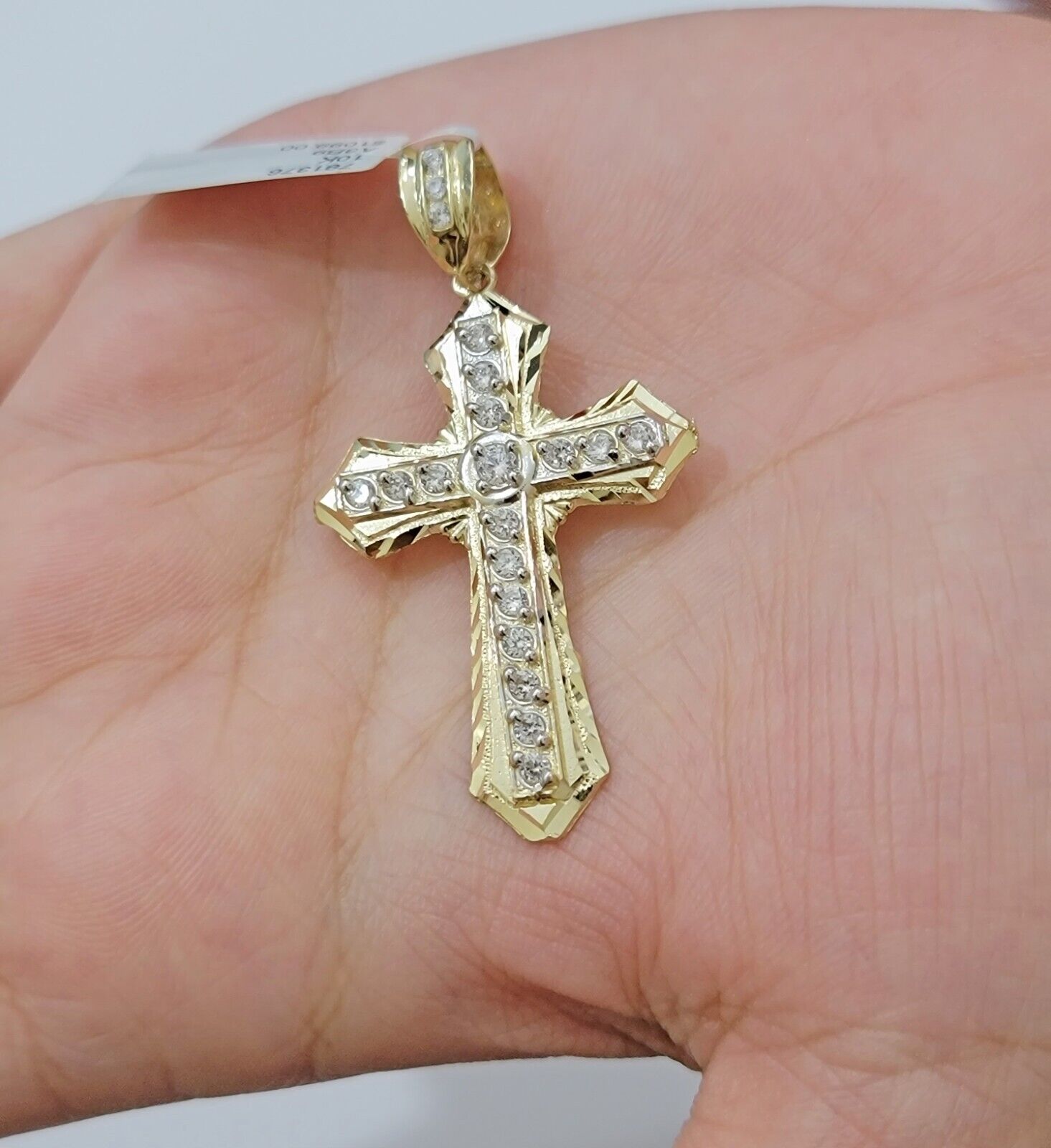 10k Yellow Gold Cross Charm pendant 2" Inch With Cubic Zirconia For Sale - GoldenLinQ