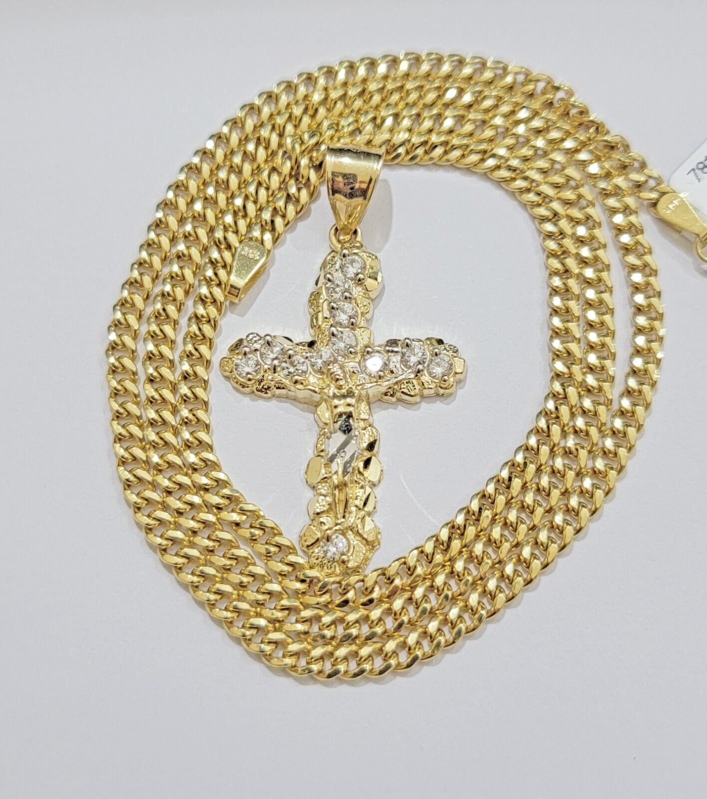 10k Yellow Gold Cross Charm pendant & Miami cuban Link Chain Necklace 2.5mm 18" - GoldenlinQ
