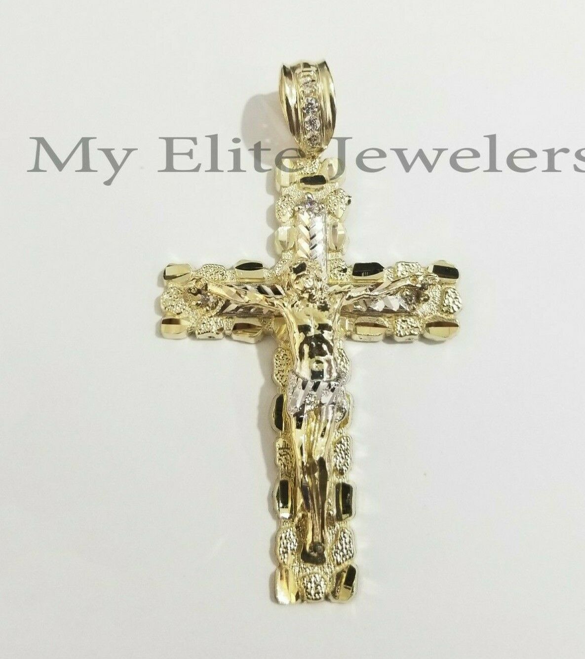 10K Yellow Gold Cross Pendant Men's Jesus Crucifix Charm 3" , fits Thick Chain - GoldenlinQ