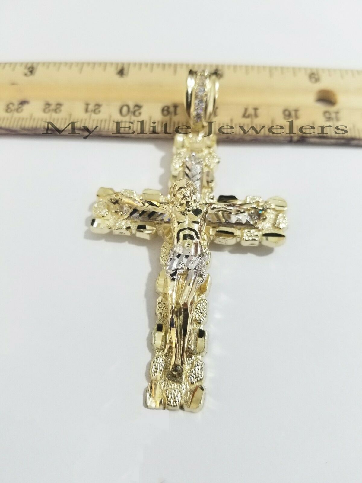 10K Yellow Gold Cross Pendant Men's Jesus Crucifix Charm 3" , fits Thick Chain - GoldenlinQ