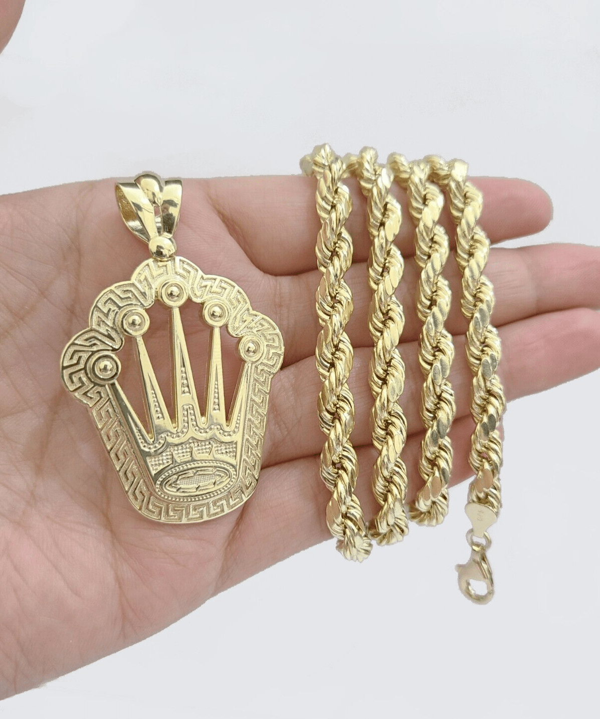 10k Yellow Gold Crown Charm Rope Chain 7mm 22'' Necklace Pendant 10kt Real SALE - GoldenlinQ