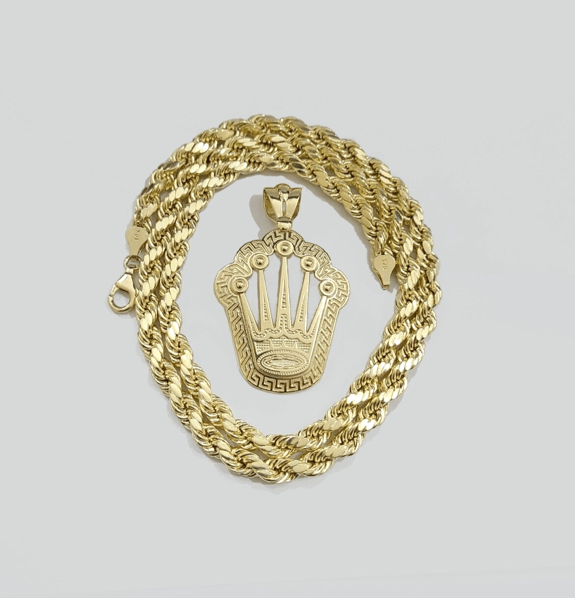 10k Yellow Gold Crown Charm Rope Chain Necklace 7mm 2'' Pendant 10kt Real SALE - GoldenlinQ