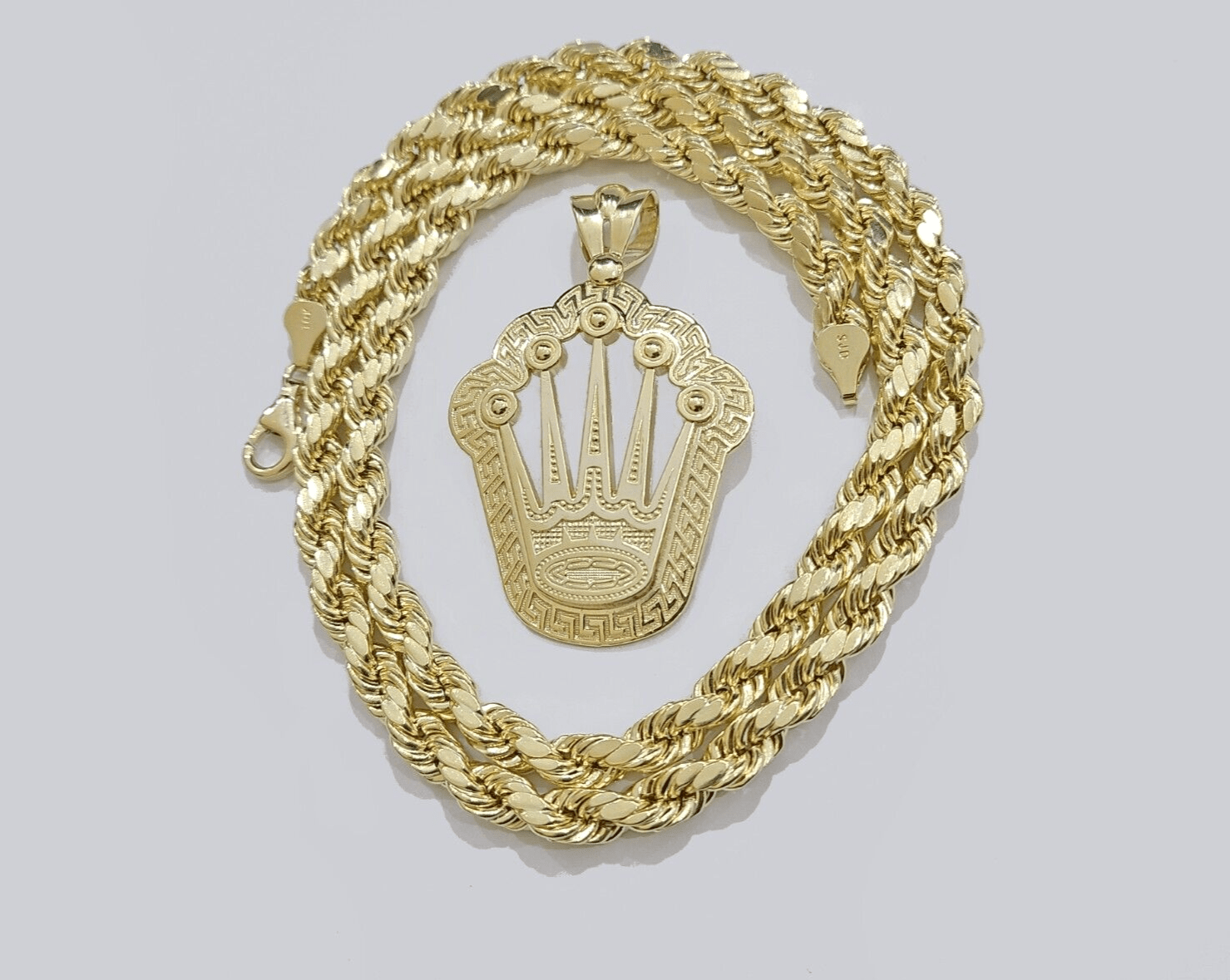 10k Yellow Gold Crown Charm Rope Chain Necklace 7mm 2'' Pendant 10kt Real SALE - GoldenlinQ