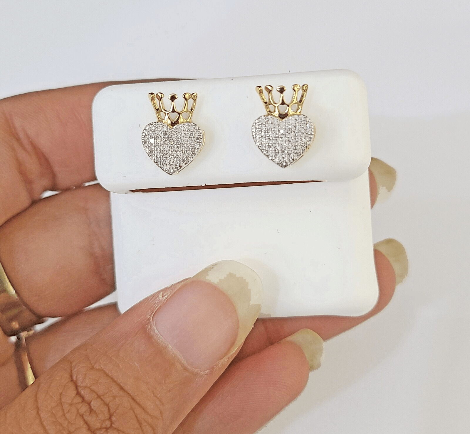 10k Yellow gold Crown Heart Earring Real Diamond screw - back Women Men studs - GoldenlinQ