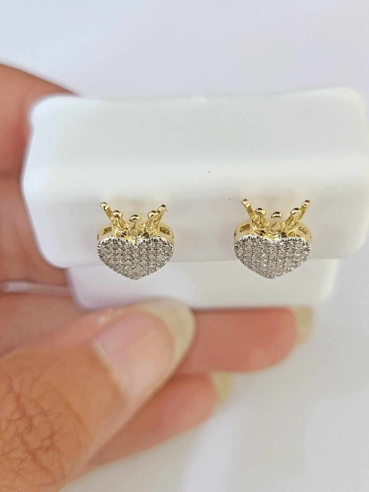 10k Yellow gold Crown Heart Earring Real Diamond screw - back Women Men studs - GoldenlinQ