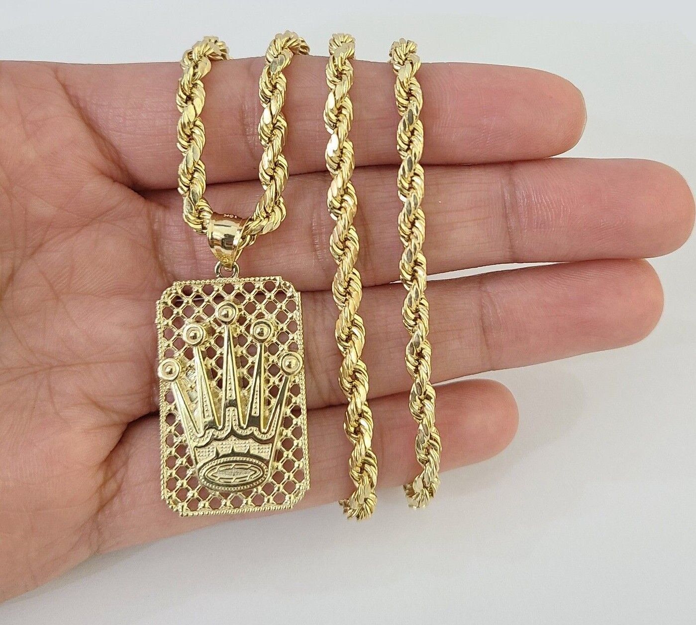 10K Yellow Gold Crown Pendent 4mm Rope Chain 18" 20" 22"24"26" Inch - GoldenlinQ