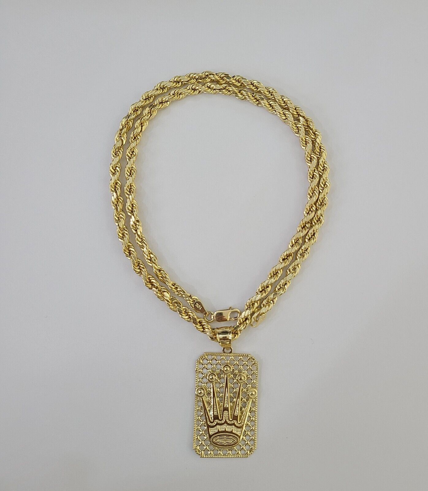 10K Yellow Gold Crown Pendent 4mm Rope Chain 18" 20" 22"24"26" Inch - GoldenlinQ