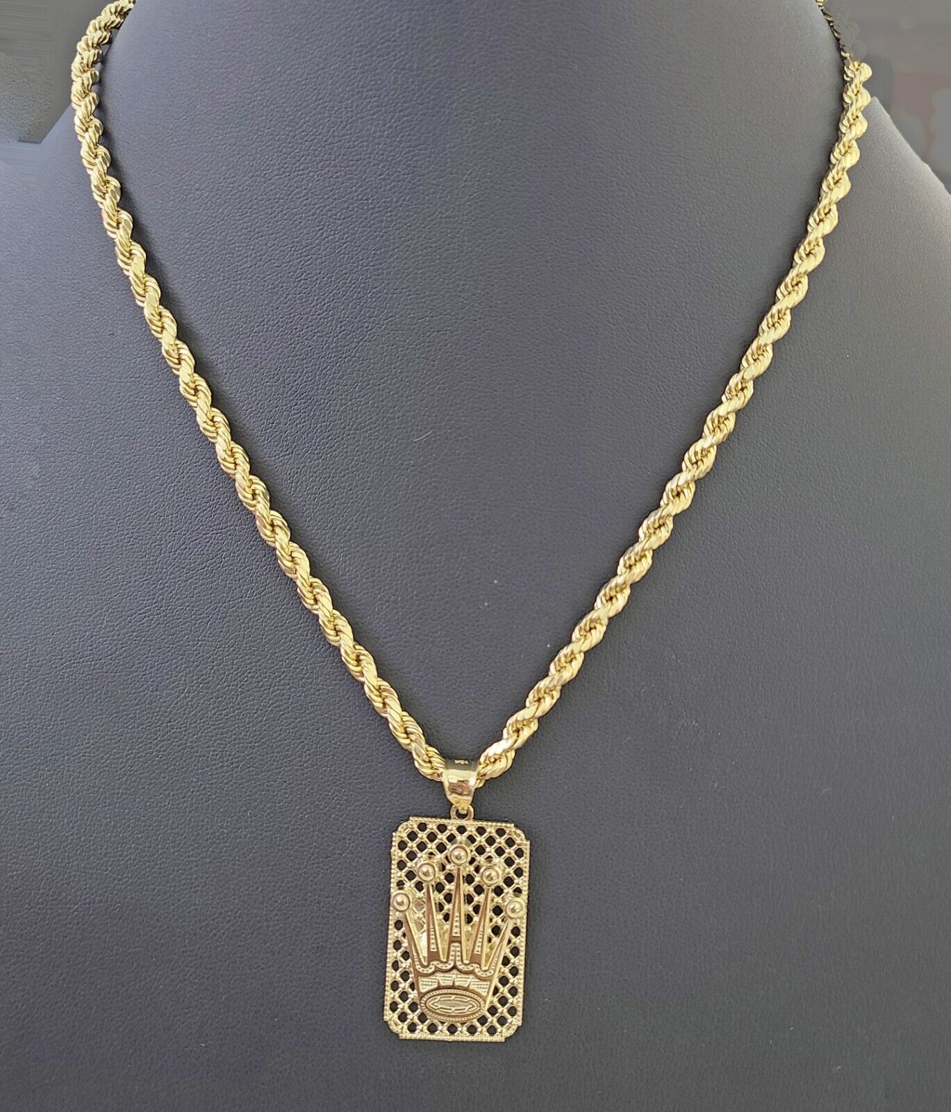 10K Yellow Gold Crown Pendent 4mm Rope Chain 18" 20" 22"24"26" Inch - GoldenlinQ