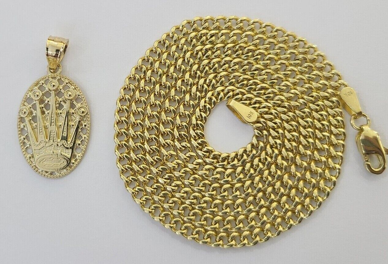 10K Yellow Gold Crown Pendent Charm 3mm Miami Cubn Chain 18" 20" 22" 24" 26"Inch - GoldenlinQ