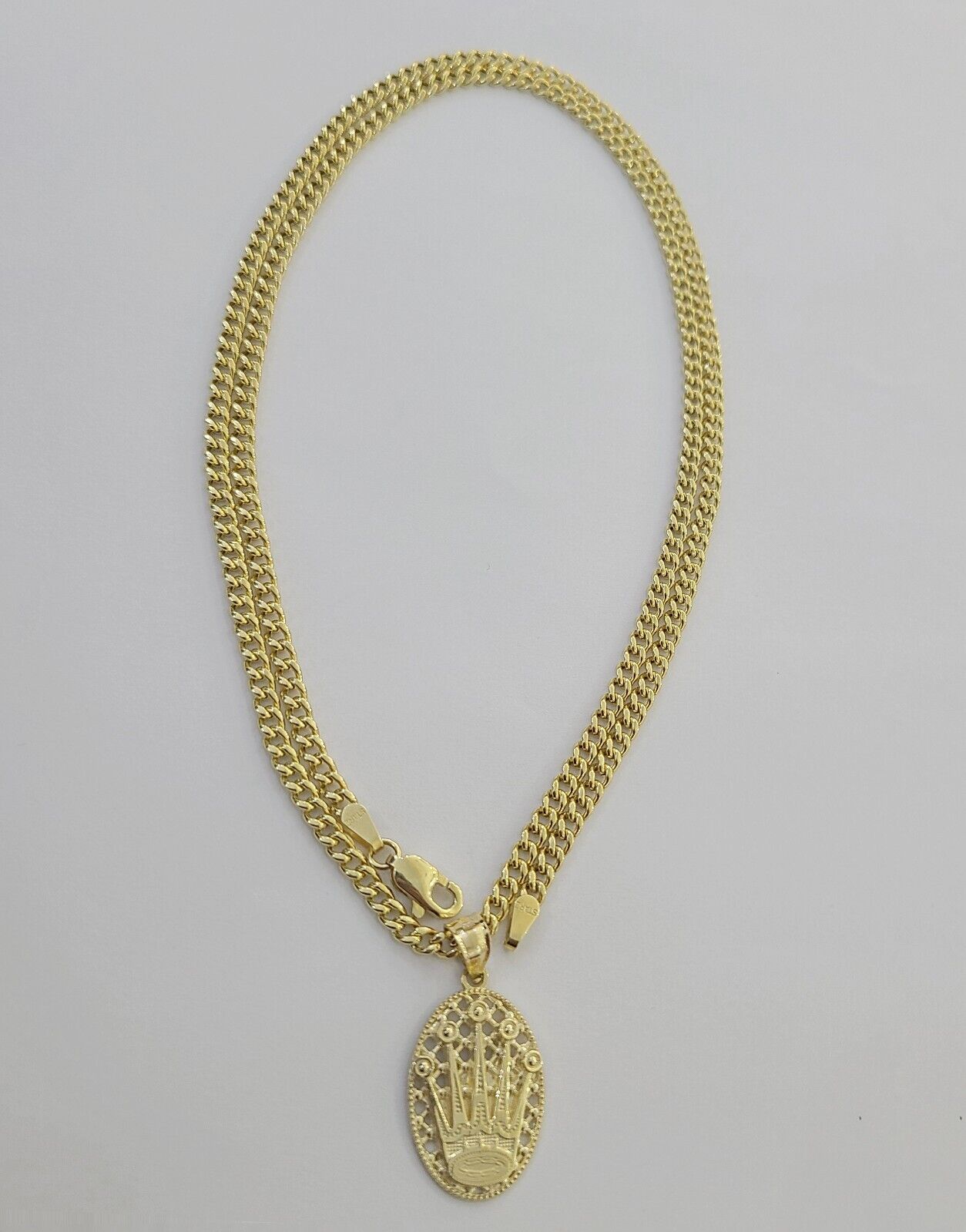 10K Yellow Gold Crown Pendent Charm 3mm Miami Cubn Chain 18" 20" 22" 24" 26"Inch - GoldenlinQ
