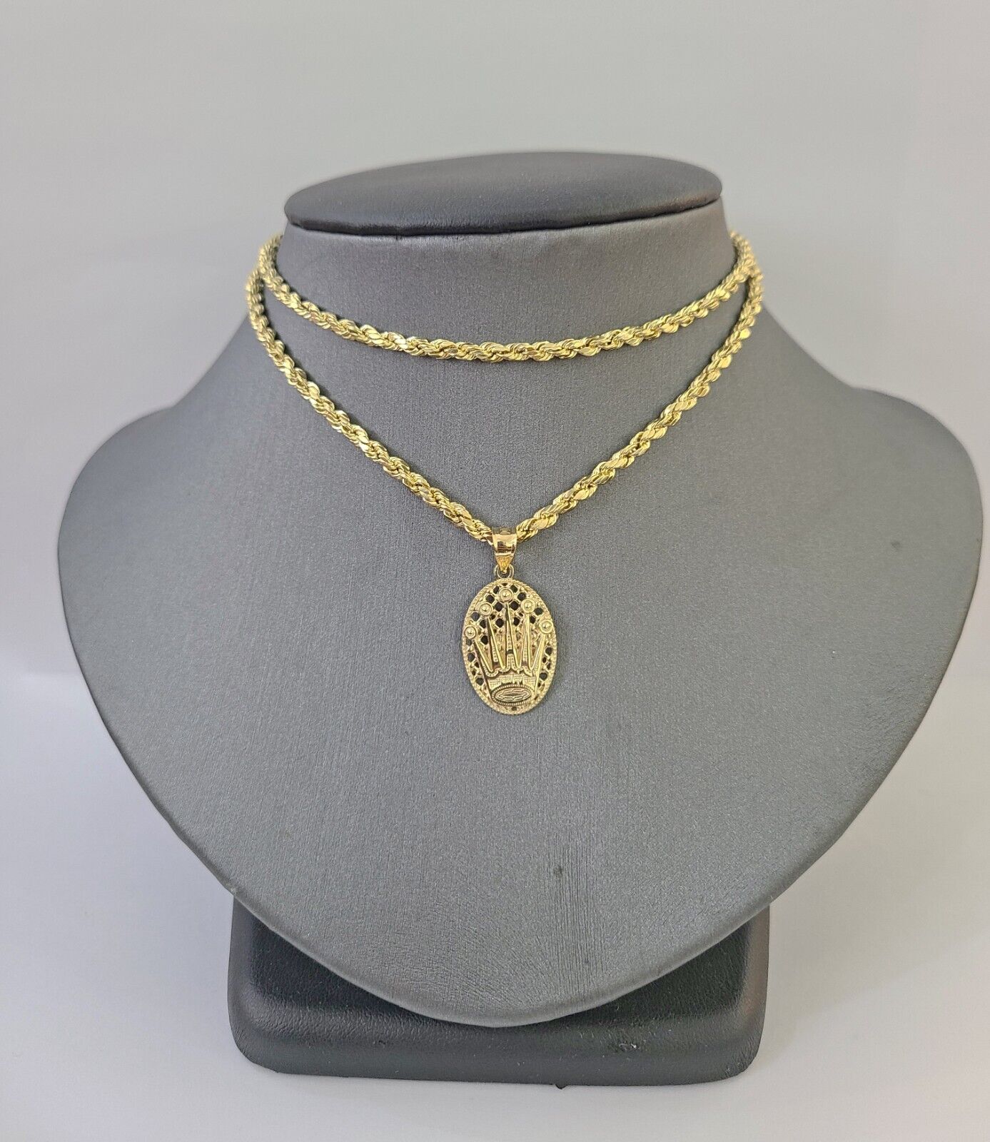 10K Yellow Gold Crown Pendent Charm 3mm Rope Chain 18" 20" 22" 24" 26" Inch - GoldenlinQ