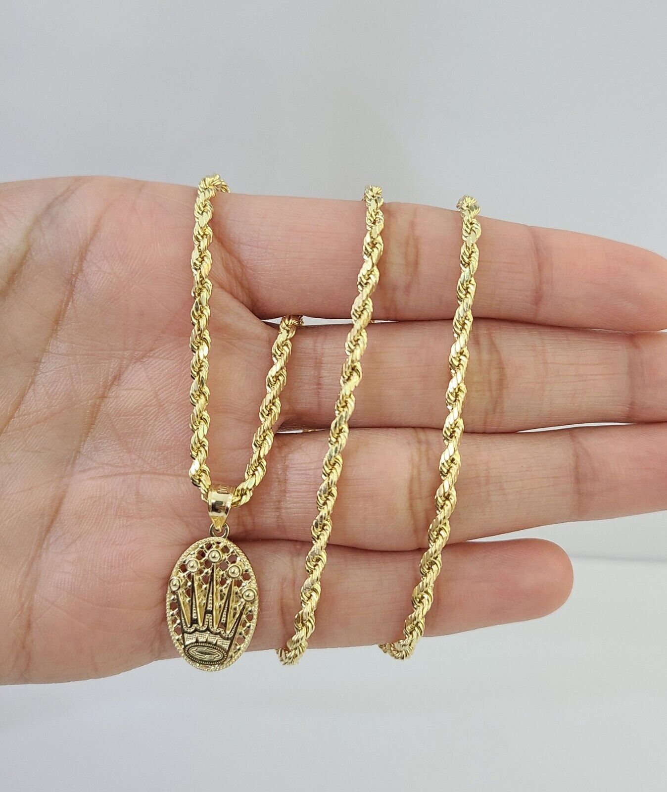 10K Yellow Gold Crown Pendent Charm 3mm Rope Chain 18" 20" 22" 24" 26" Inch - GoldenlinQ