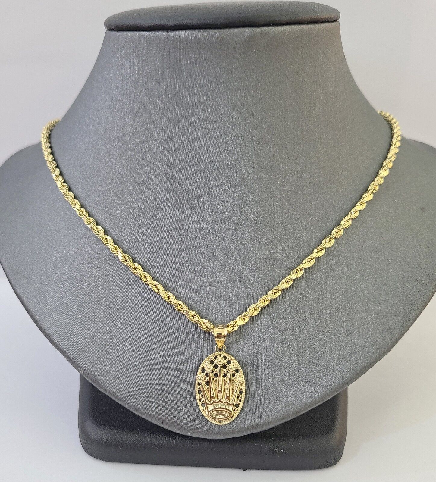 10K Yellow Gold Crown Pendent Charm 3mm Rope Chain 18" 20" 22" 24" 26" Inch - GoldenlinQ