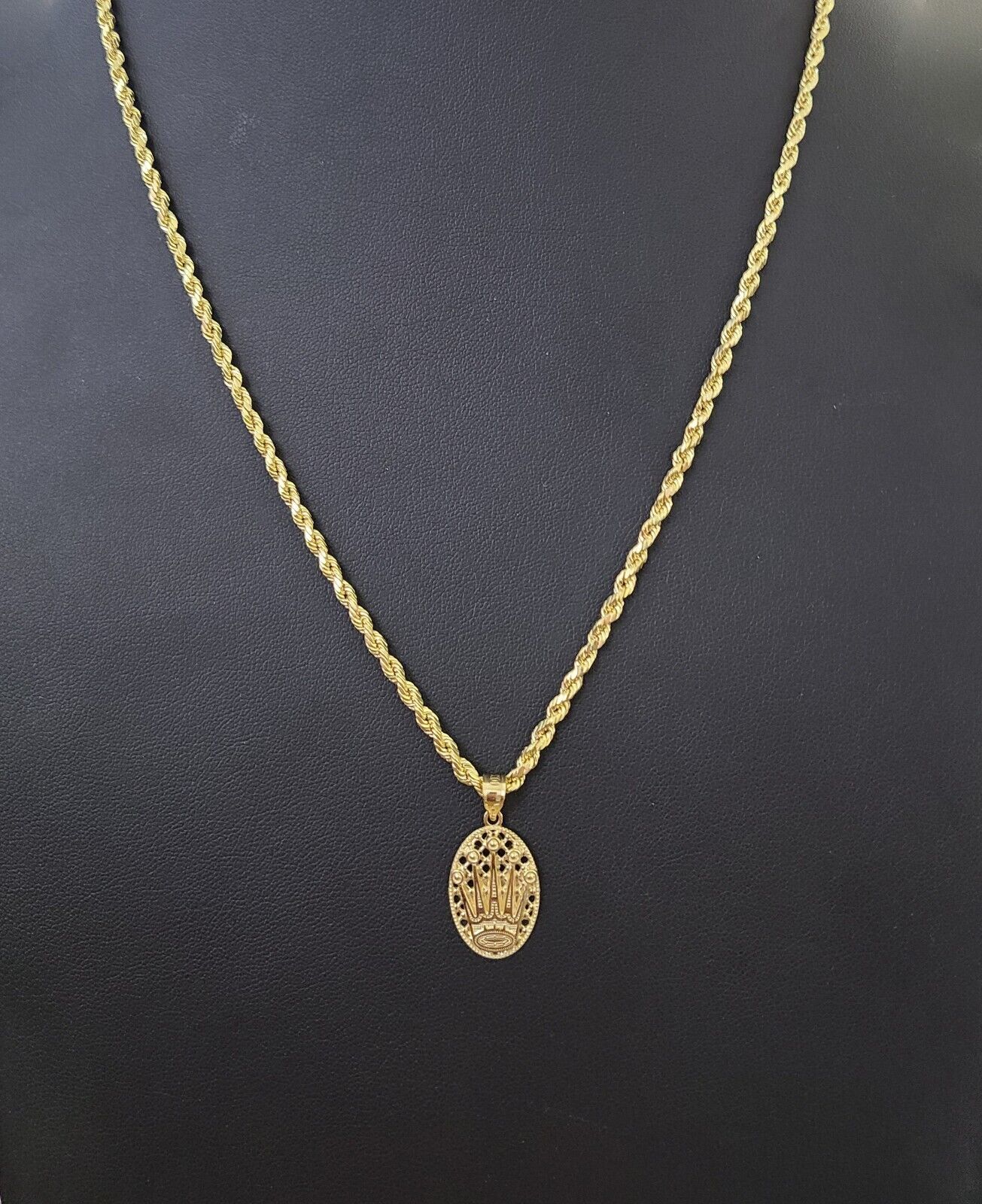 10K Yellow Gold Crown Pendent Charm 3mm Rope Chain 18" 20" 22" 24" 26" Inch - GoldenlinQ