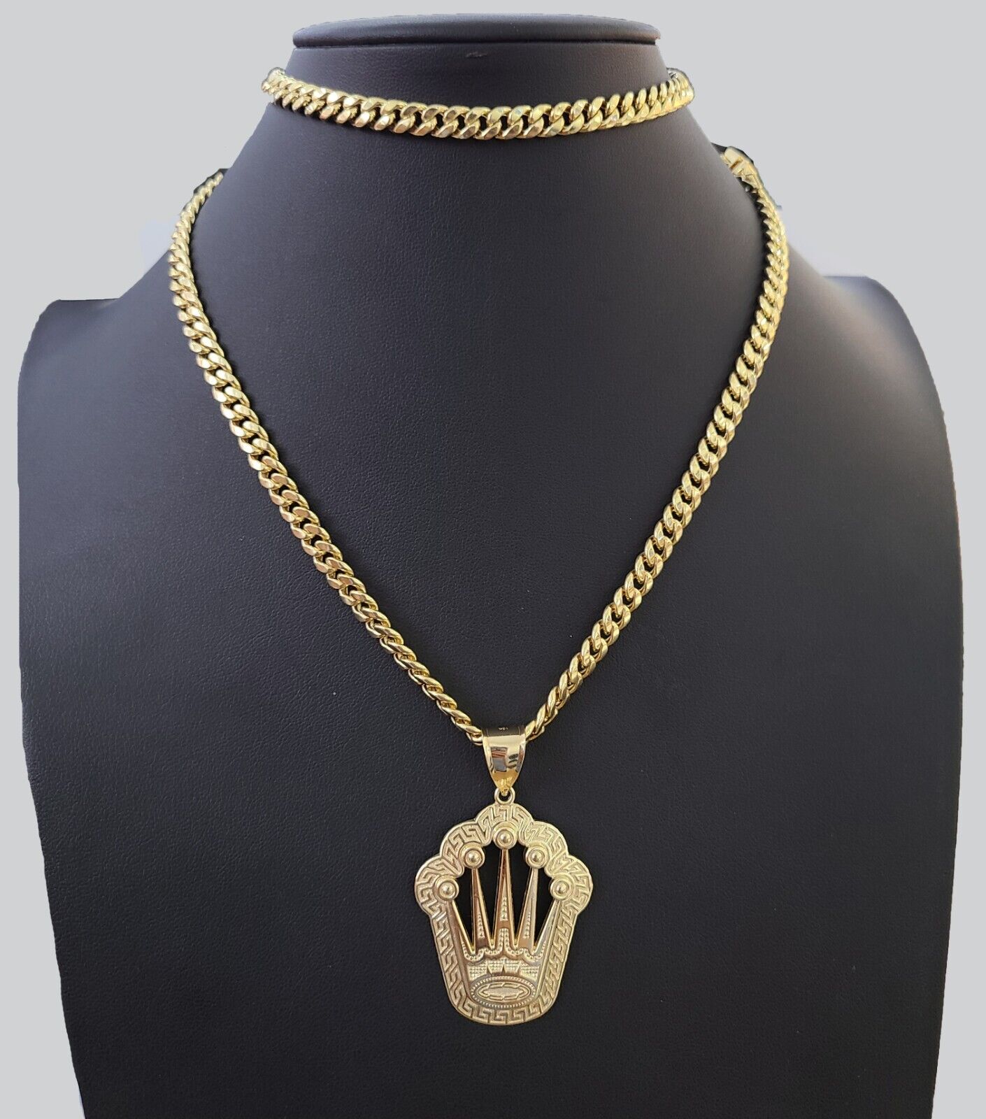 10K Yellow Gold Crown Pendent Charm 6mm Miami Cuban Link Chain 18 - 30" Inch - GoldenlinQ