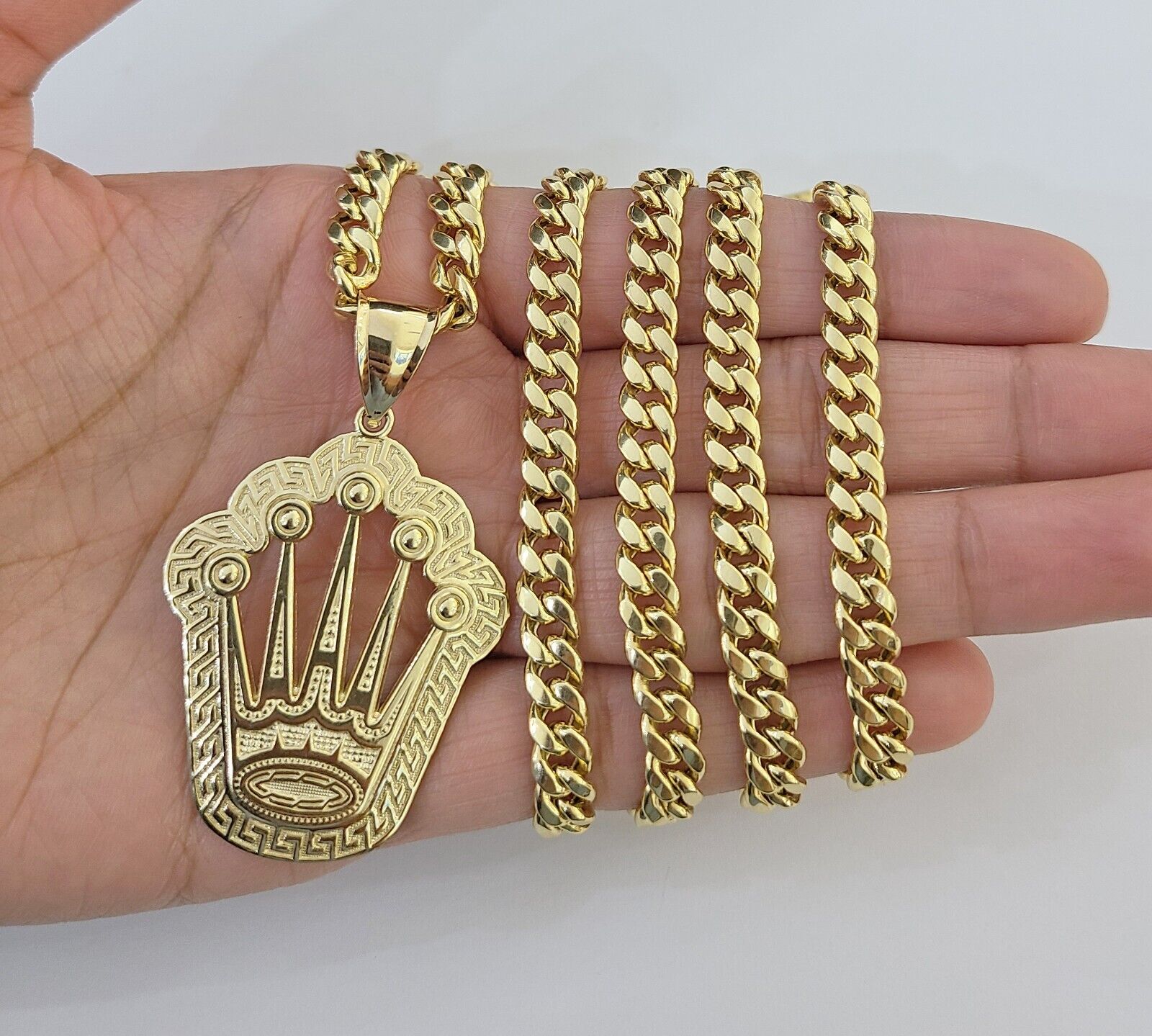 10K Yellow Gold Crown Pendent Charm 6mm Miami Cuban Link Chain 18 - 30" Inch - GoldenlinQ