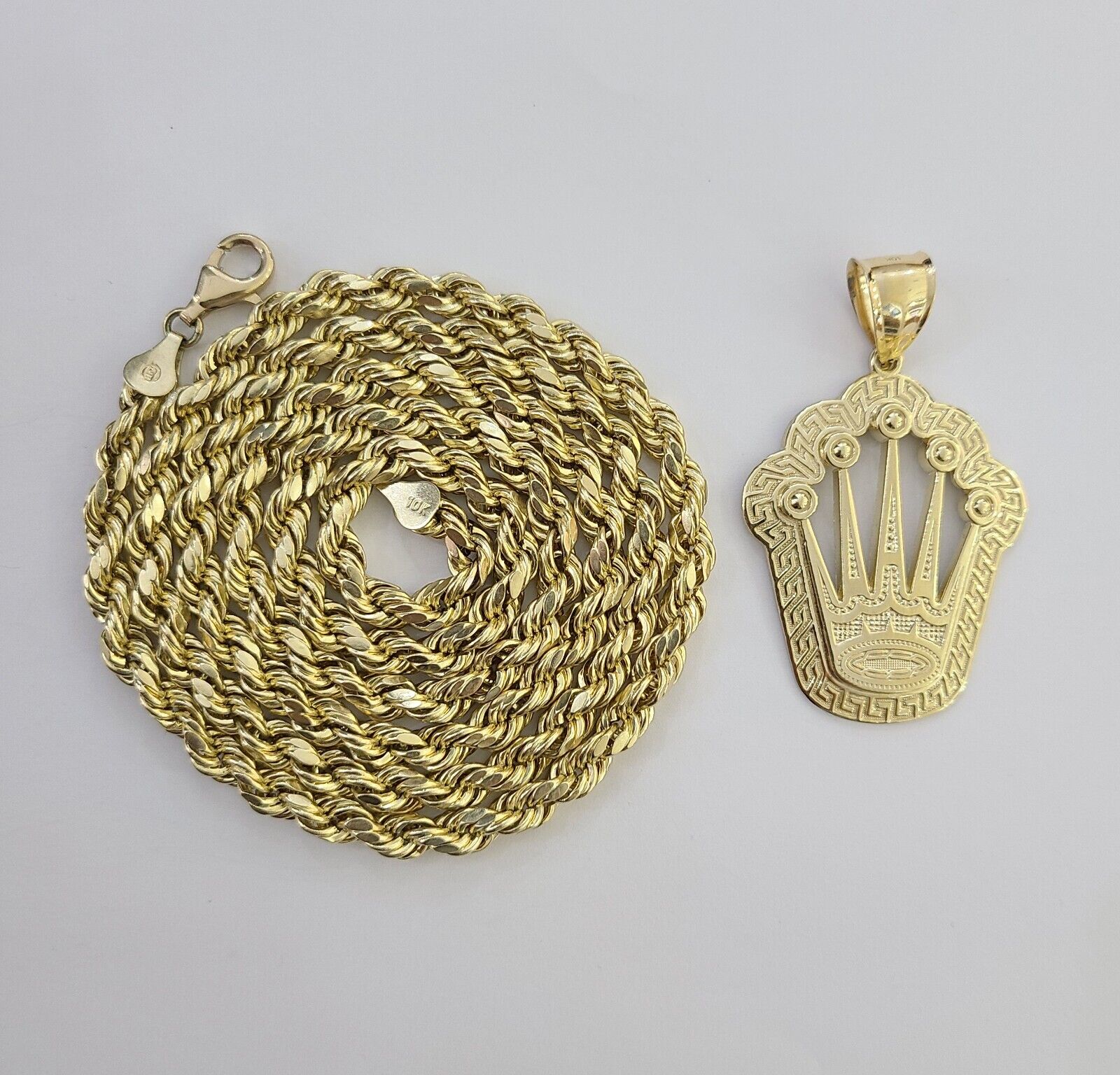 10K Yellow Gold Crown Pendent Charm 6mm Rope Chain 18" - 30" Inch Real - GoldenlinQ