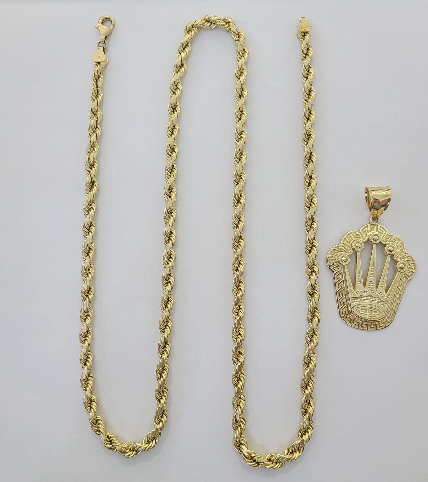 10K Yellow Gold Crown Pendent Charm 6mm Rope Chain 22" - GoldenlinQ