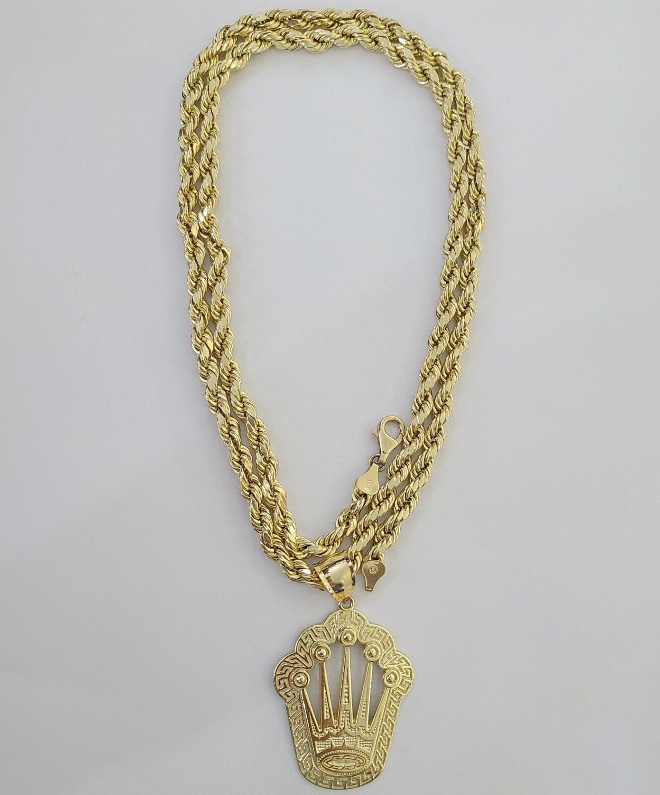 10K Yellow Gold Crown Pendent Charm 6mm Rope Chain 22" - GoldenlinQ
