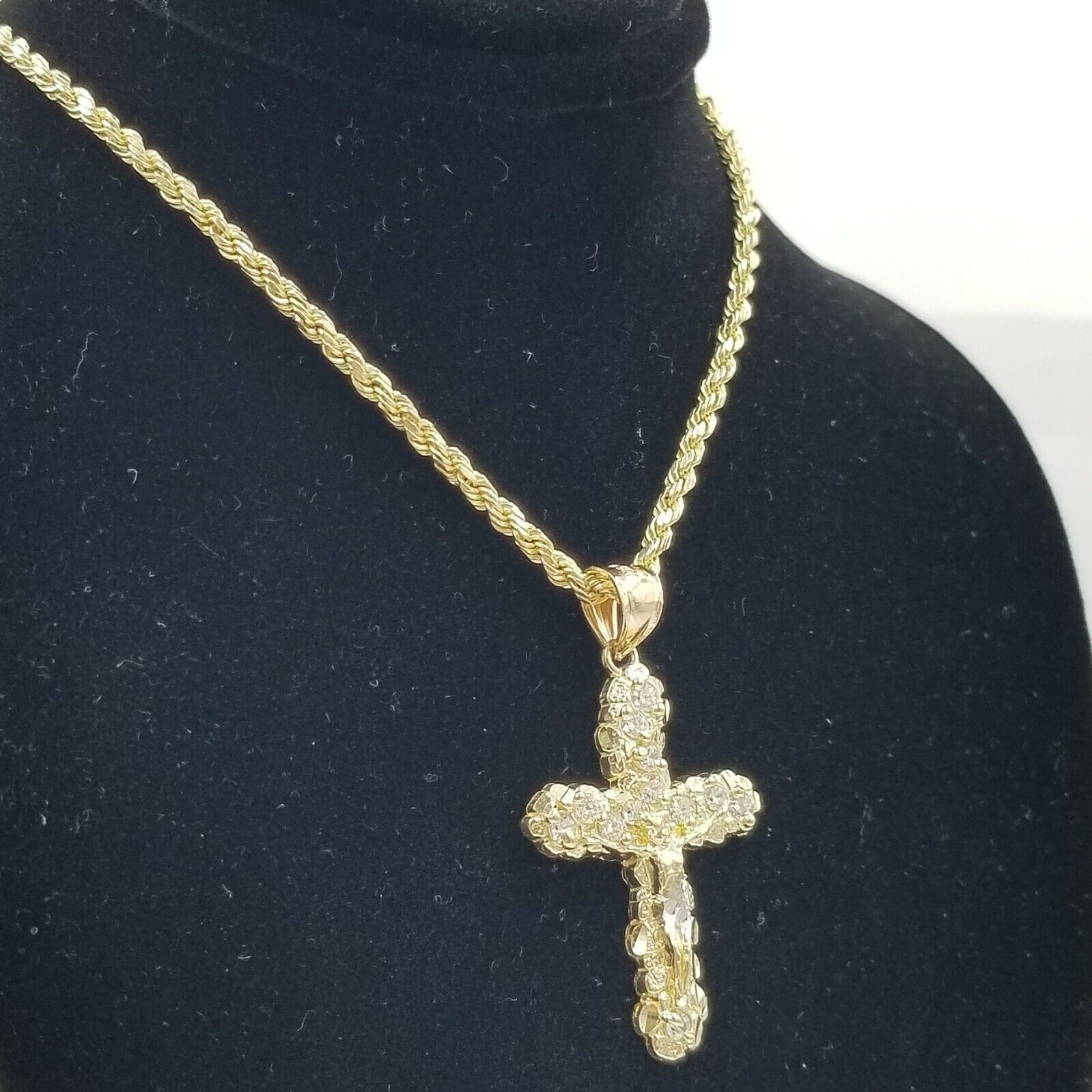 10k Yellow Gold Crucifix Cross Jesus Pendant Rope Chain 18" 20" 22" 24" 26" - GoldenlinQ