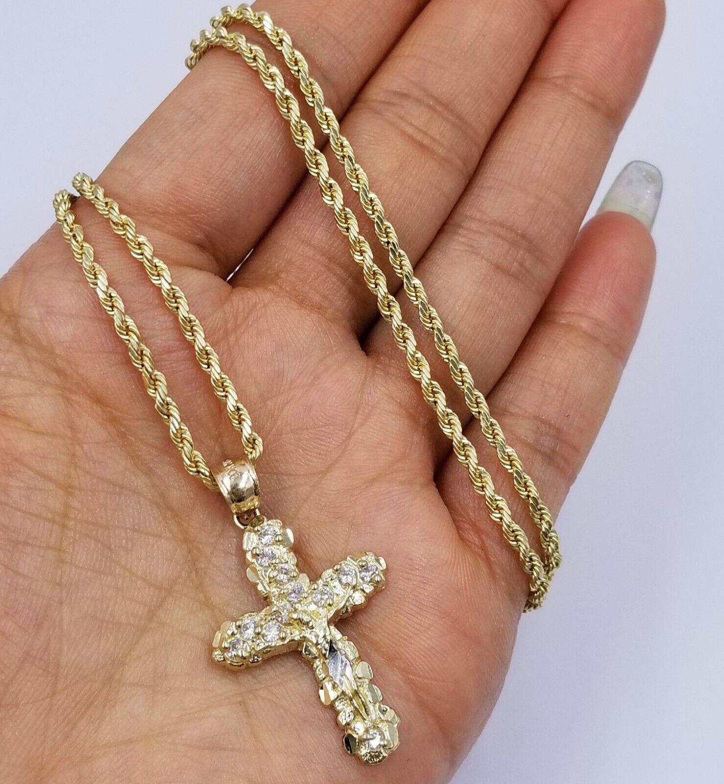10k Yellow Gold Crucifix Cross Jesus Pendant Rope Chain 18" 20" 22" 24" 26" - GoldenlinQ
