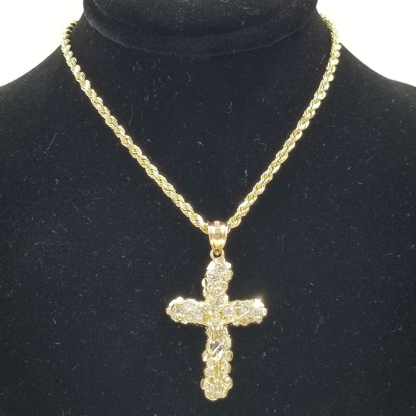 10k Yellow Gold Crucifix Cross Jesus Pendant Rope Chain 18" 20" 22" 24" 26" - GoldenlinQ