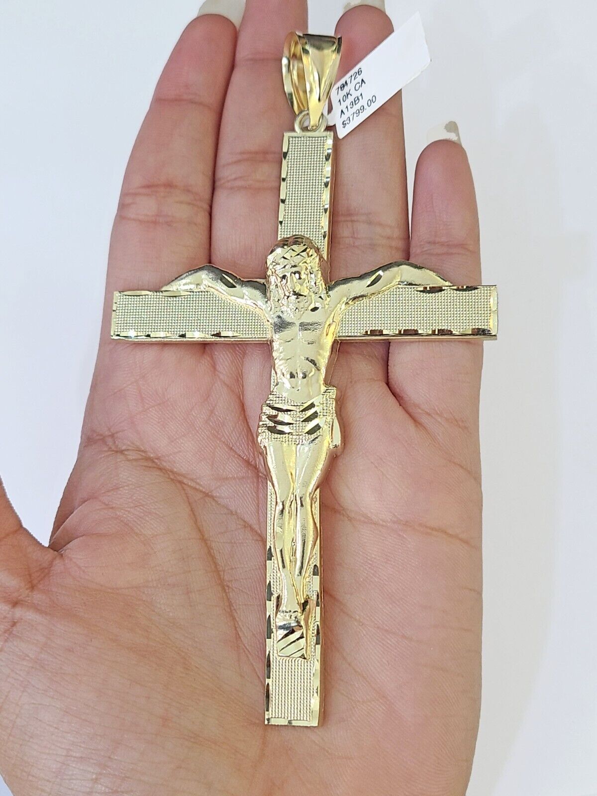 10K Yellow Gold Crucifix Cross Pendant Jesus Christ Charm Women Men - GoldenlinQ