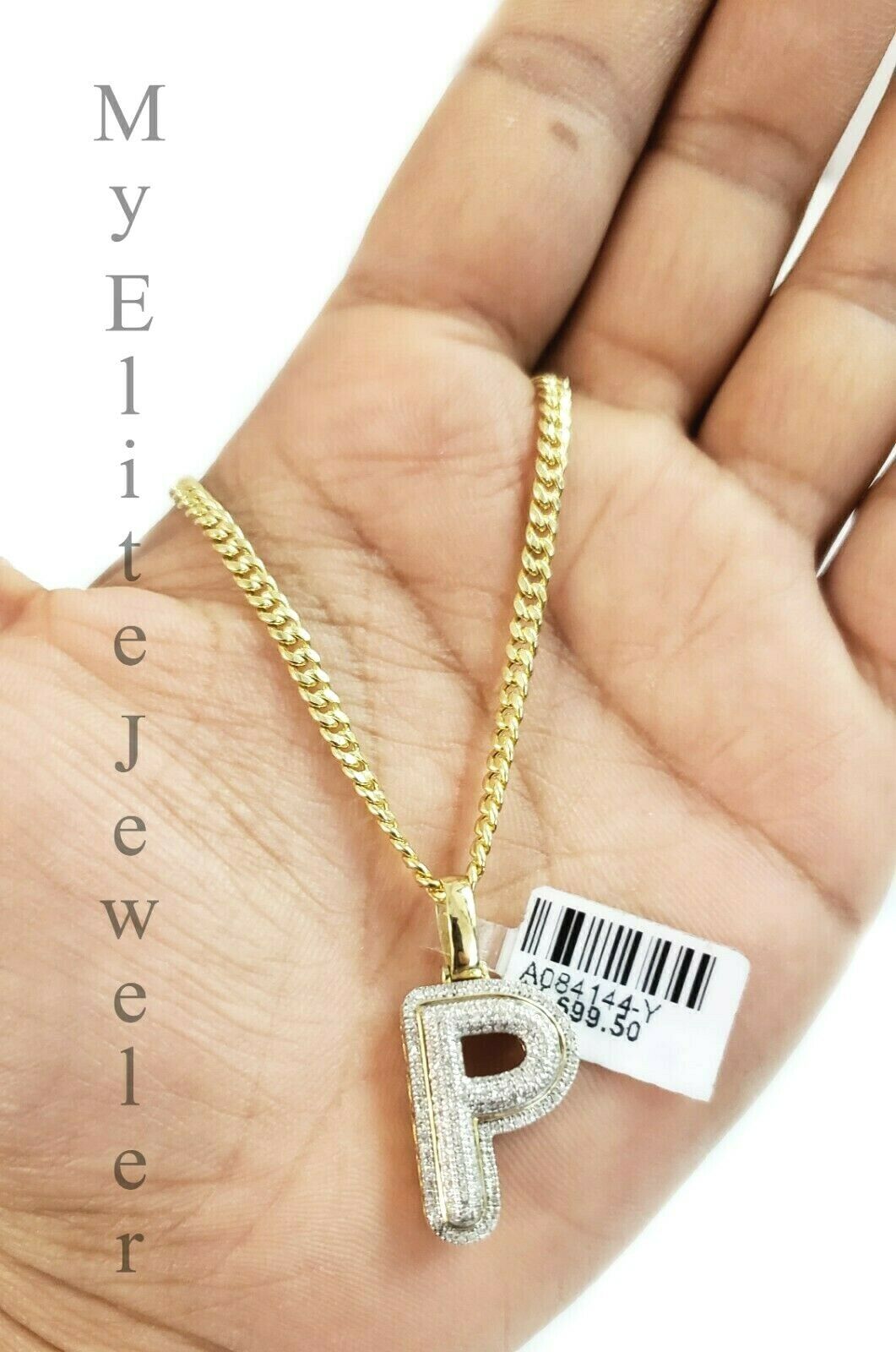 10k Yellow Gold Cuban Chain Diamond Initial P Charm Alphabet 0.29CT Diamond REAL - GoldenlinQ