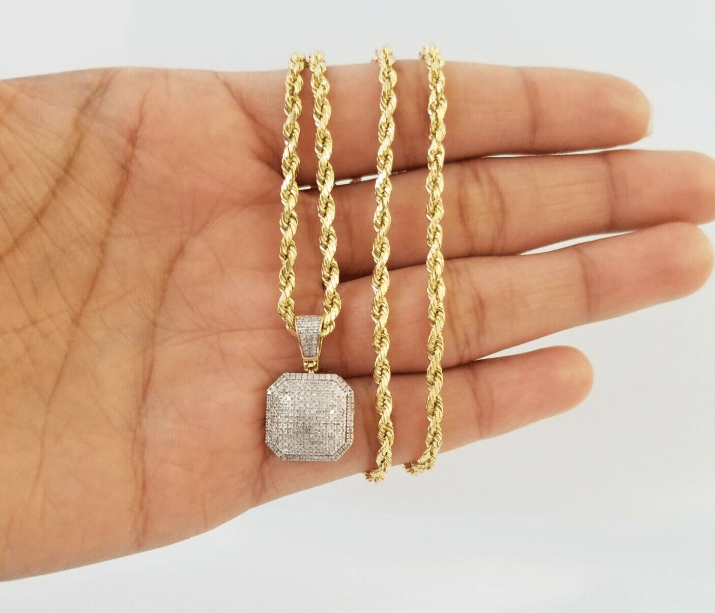 10K Yellow Gold Diamond Charm rope chain 3mm 18" SET & Pillow Pendant & Neckalce - GoldenlinQ