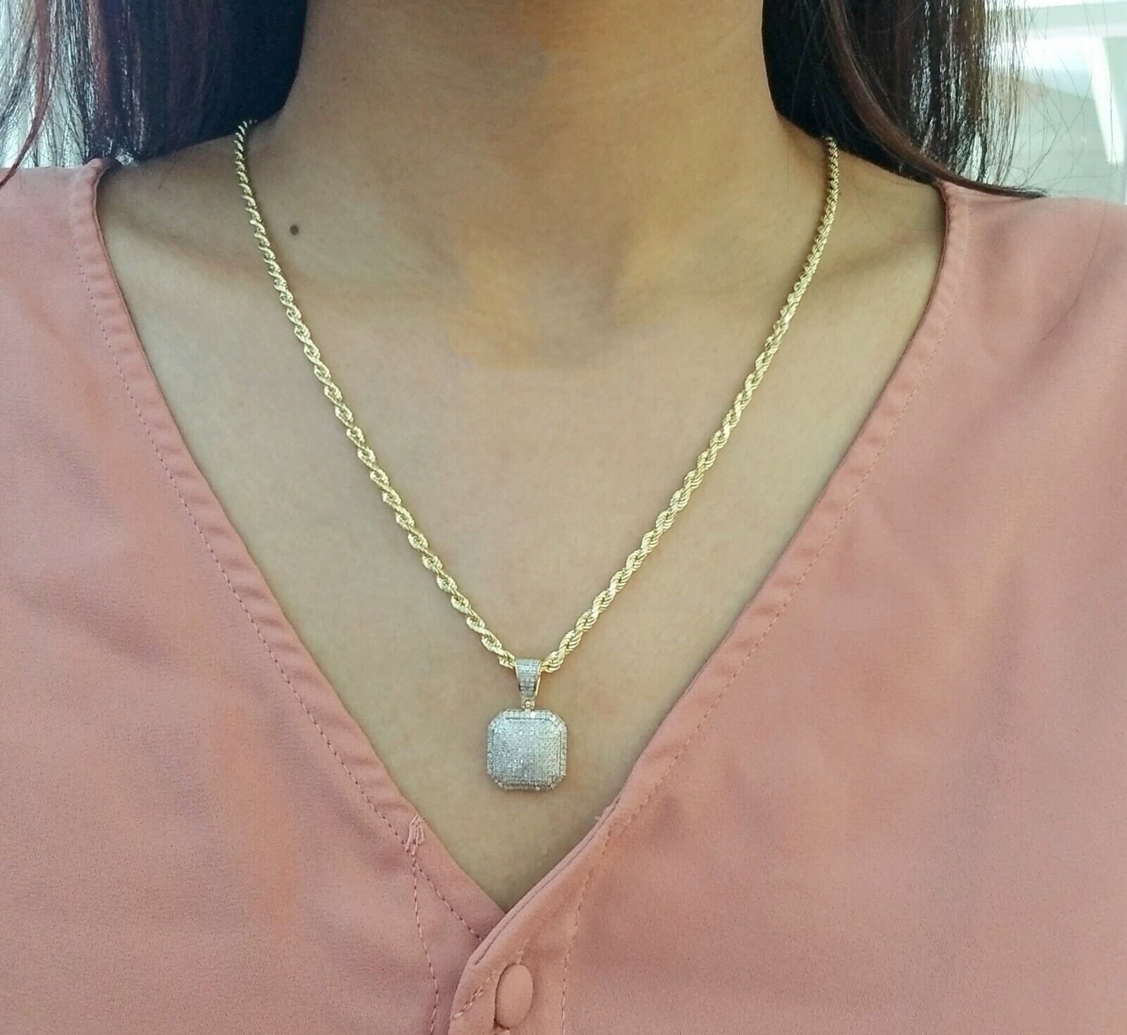 10K Yellow Gold Diamond Charm rope chain 3mm 20" SET & Pillow Pendant & Neckalce - GoldenlinQ