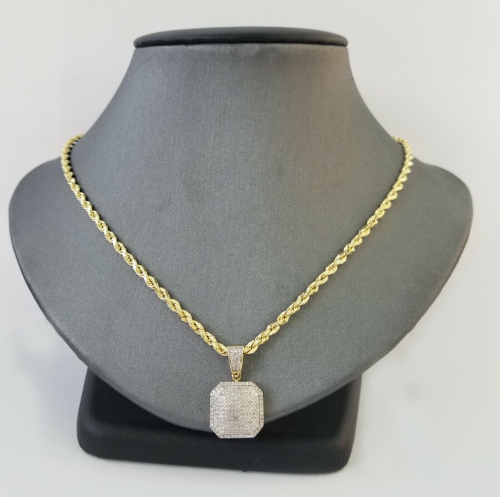 10K Yellow Gold Diamond Charm rope chain 3mm 22" SET & Pillow Pendant & Neckalce - GoldenlinQ