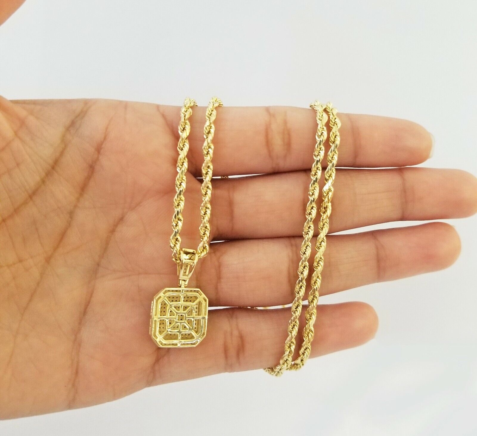 10K Yellow Gold Diamond Charm rope chain 3mm 26" SET & Pendant & Neckalce men's - GoldenlinQ