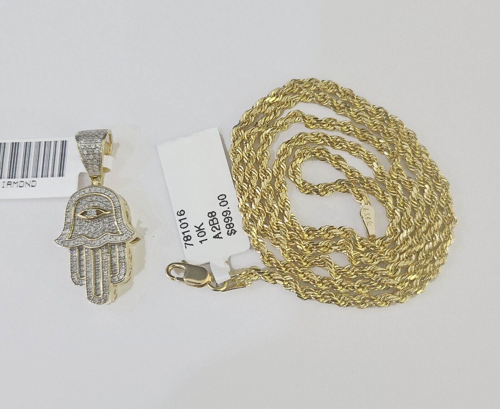 10k Yellow Gold & Diamond Hamsa Hand Charm and 18" inches Rope Chain - GoldenlinQ