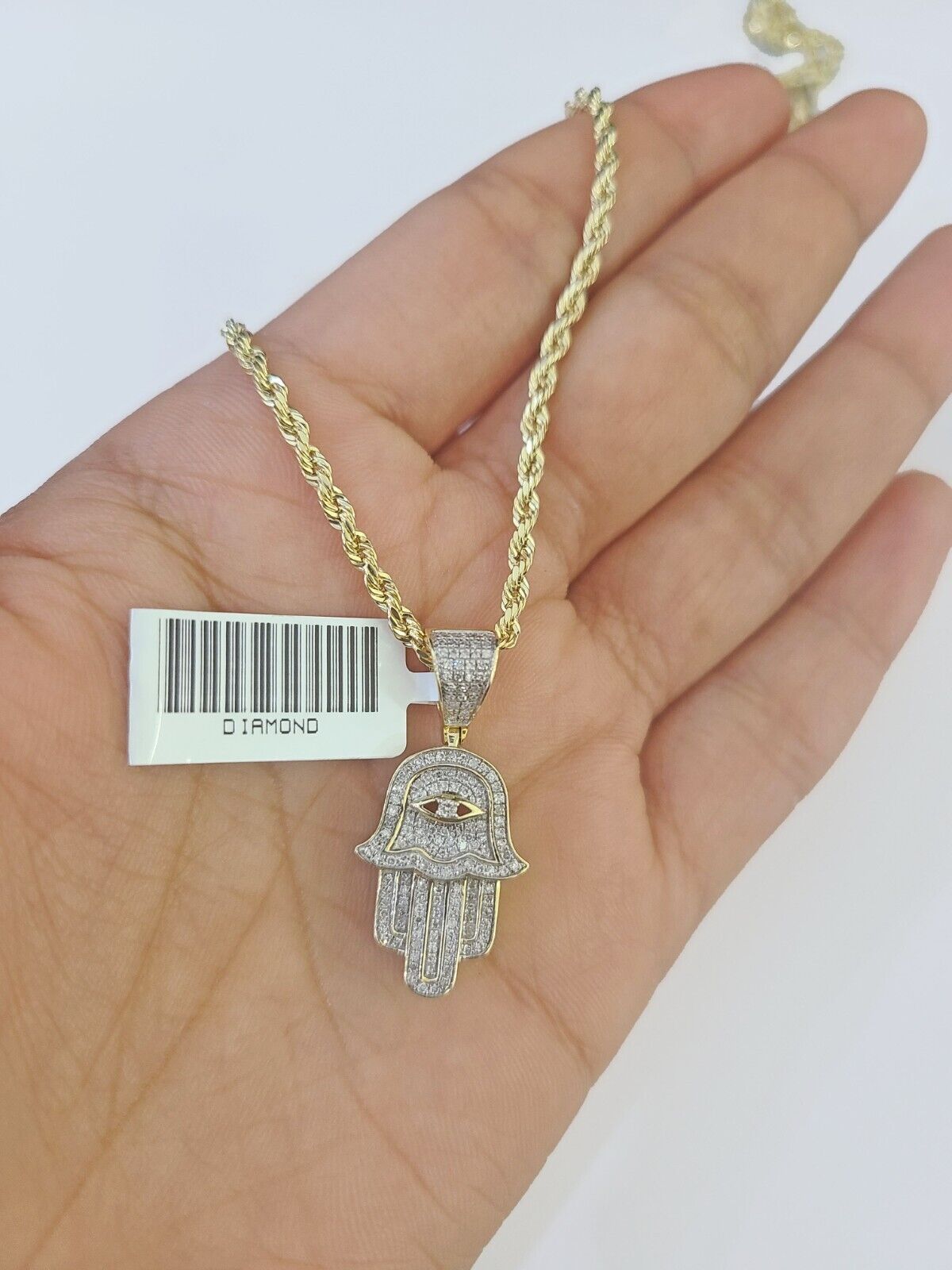 10k Yellow Gold & Diamond Hamsa Hand Charm and 20" inches Rope Chain - GoldenlinQ