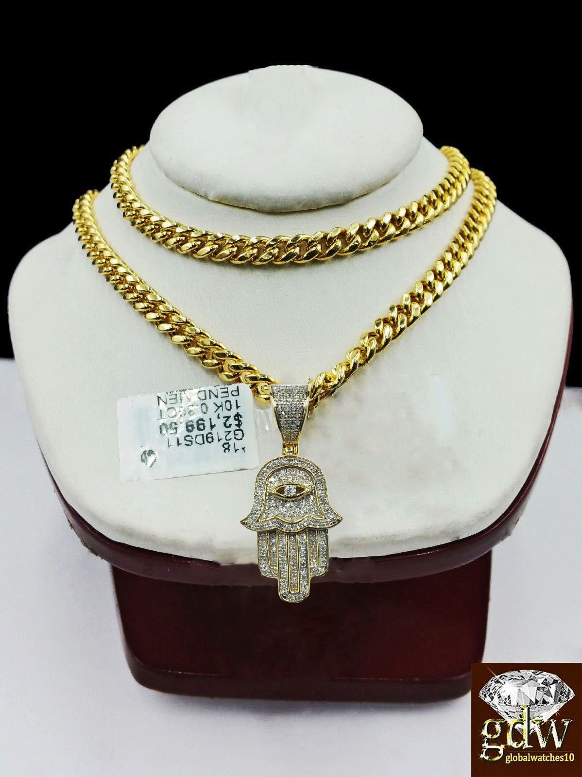 10k Yellow Gold Diamond Hamsa Hand Charm and 22" Miami Cuban Chain - GoldenlinQ