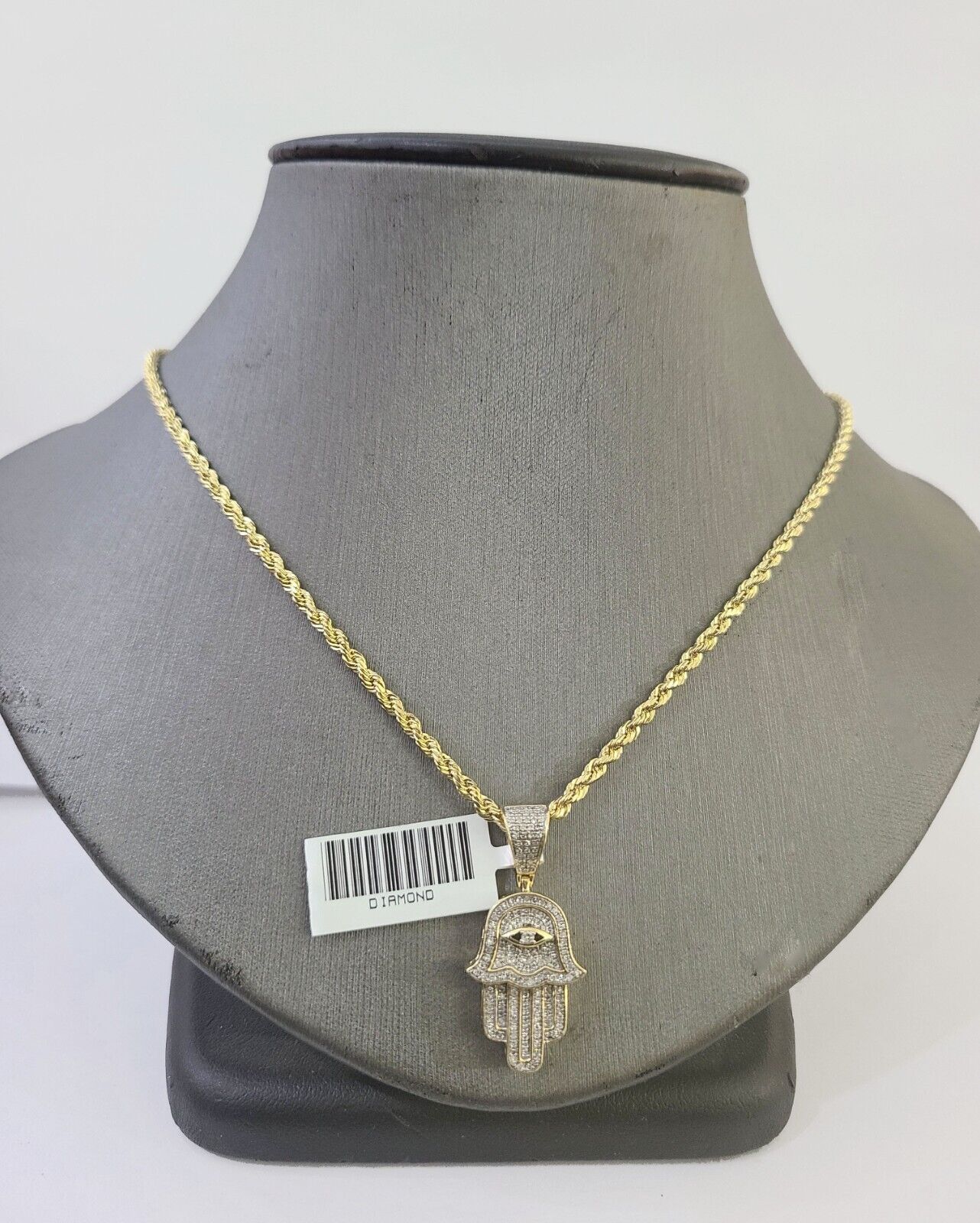 10k Yellow Gold & Diamond Hamsa Hand Charm and 26" inches Rope Chain - GoldenlinQ
