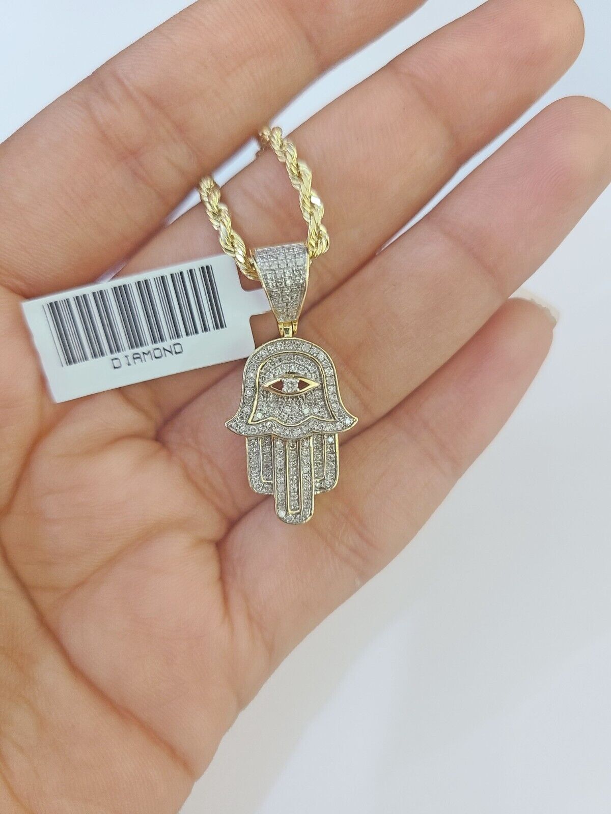 10k Yellow Gold & Diamond Hamsa Hand Charm and 26" inches Rope Chain - GoldenlinQ