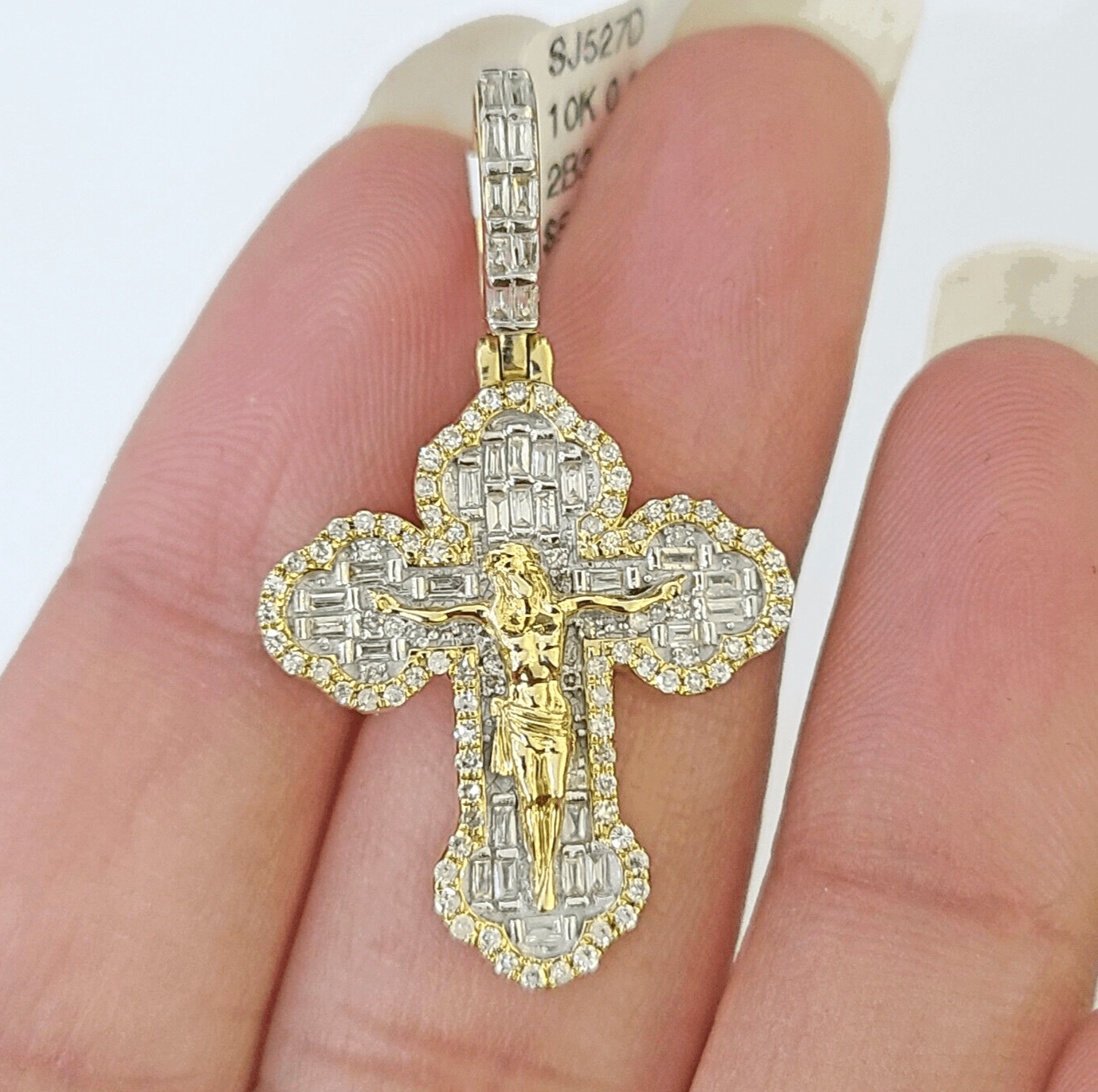 10k Yellow Gold Diamond Jesus Cross Charm Pendant Genuine Diamond Real - GoldenlinQ