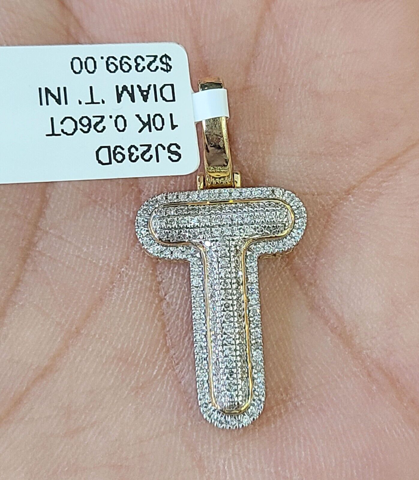 10k Yellow Gold Diamond Letter "T" Initial Alphabet Charm/Pendant Real Genuine - GoldenlinQ