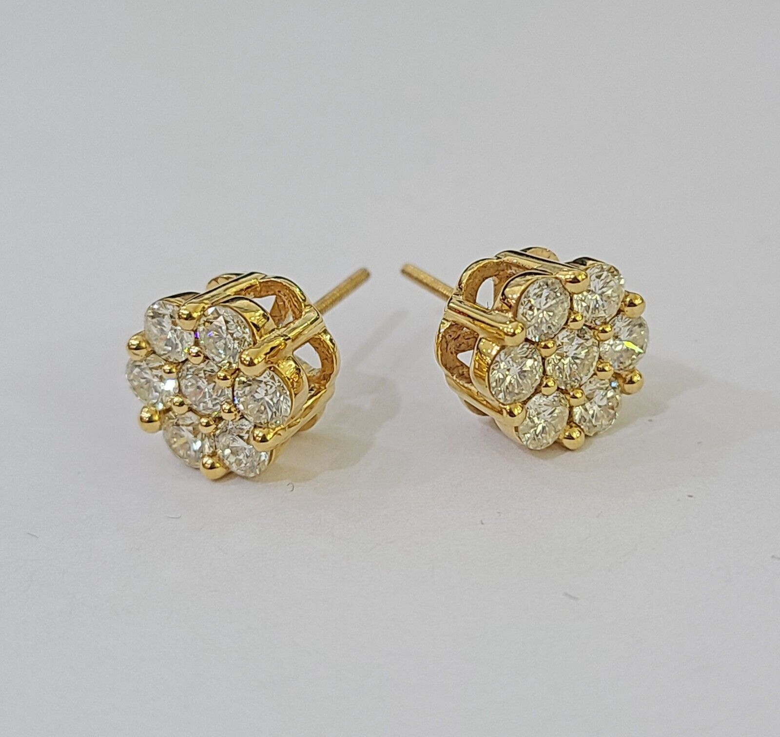10k Yellow gold Flower Earrings Real Diamond screw - back Women Men studs - GoldenlinQ