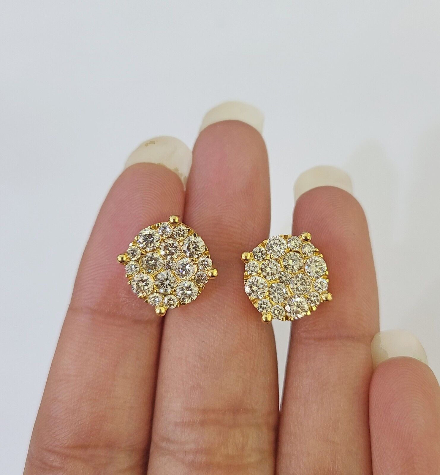 10k Yellow gold Flower Earrings Real Diamond screw - back Women Men studs - GoldenlinQ
