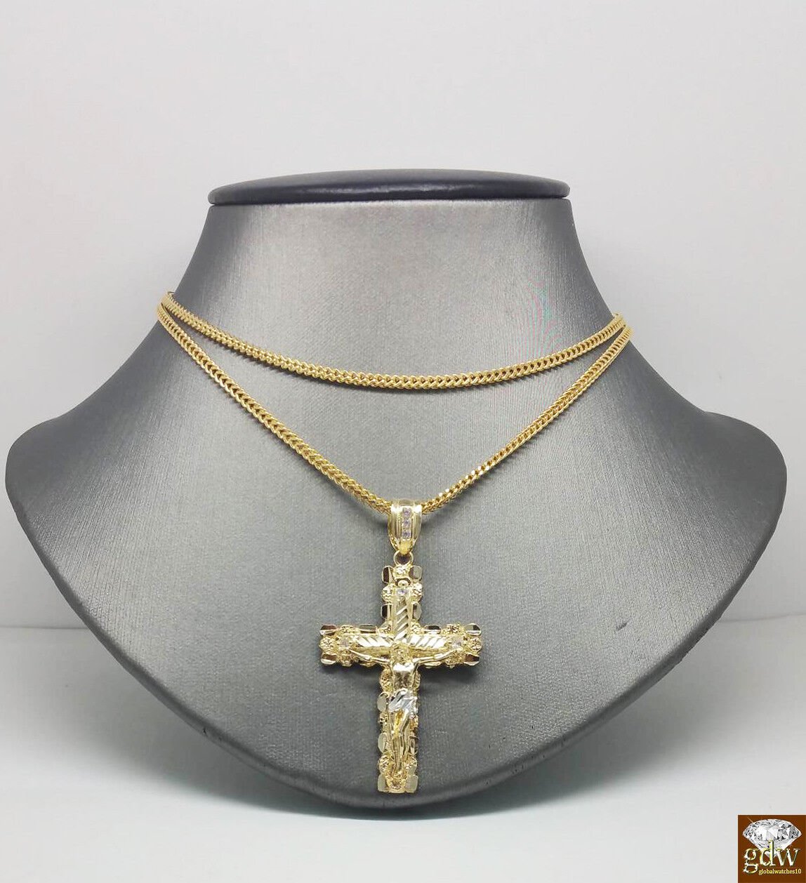 10k Yellow Gold Franco Chain Necklace Cross pendant charm 22" 24" 26" - GoldenlinQ