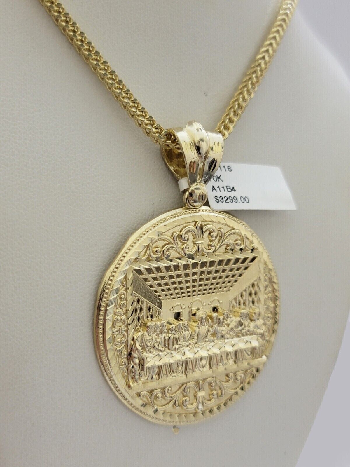 10k Yellow Gold Franco Chain Necklace Last Supper Charm Pendant 3mm 18" - 26" Inch - GoldenlinQ
