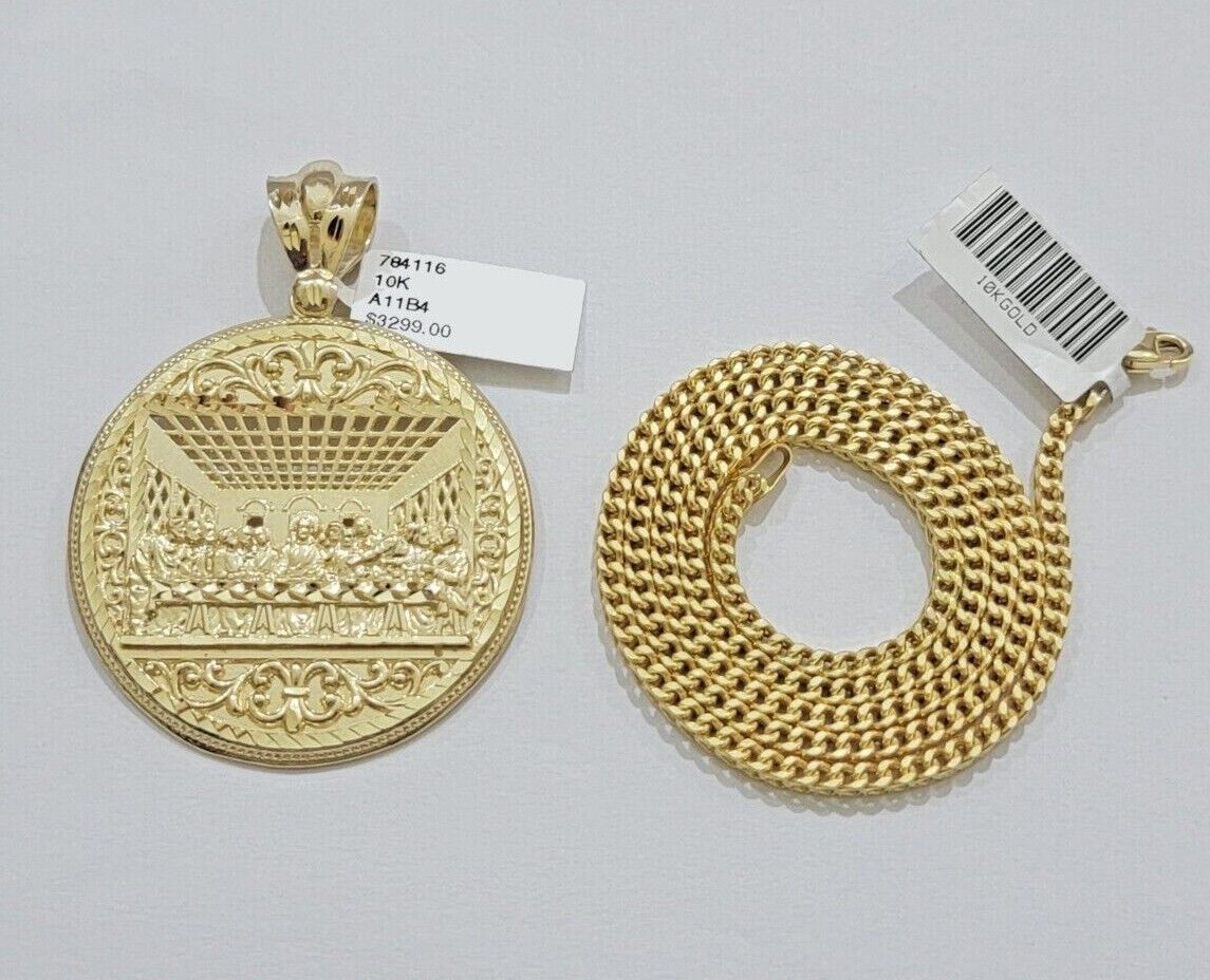 10k Yellow Gold Franco Chain Necklace Last Supper Charm Pendant 3mm 20"Inch 10kt - GoldenlinQ